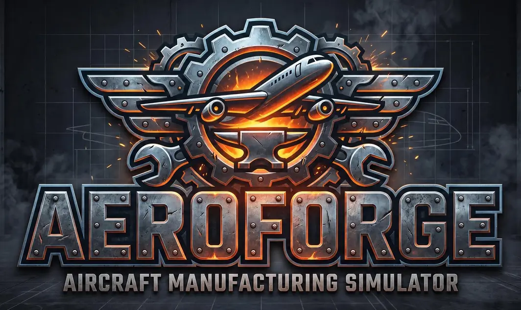 AeroForge — Aircraft Manufacturing Simulator. A riveted steel logo with a jet over an anvil, framed by gears and wings.