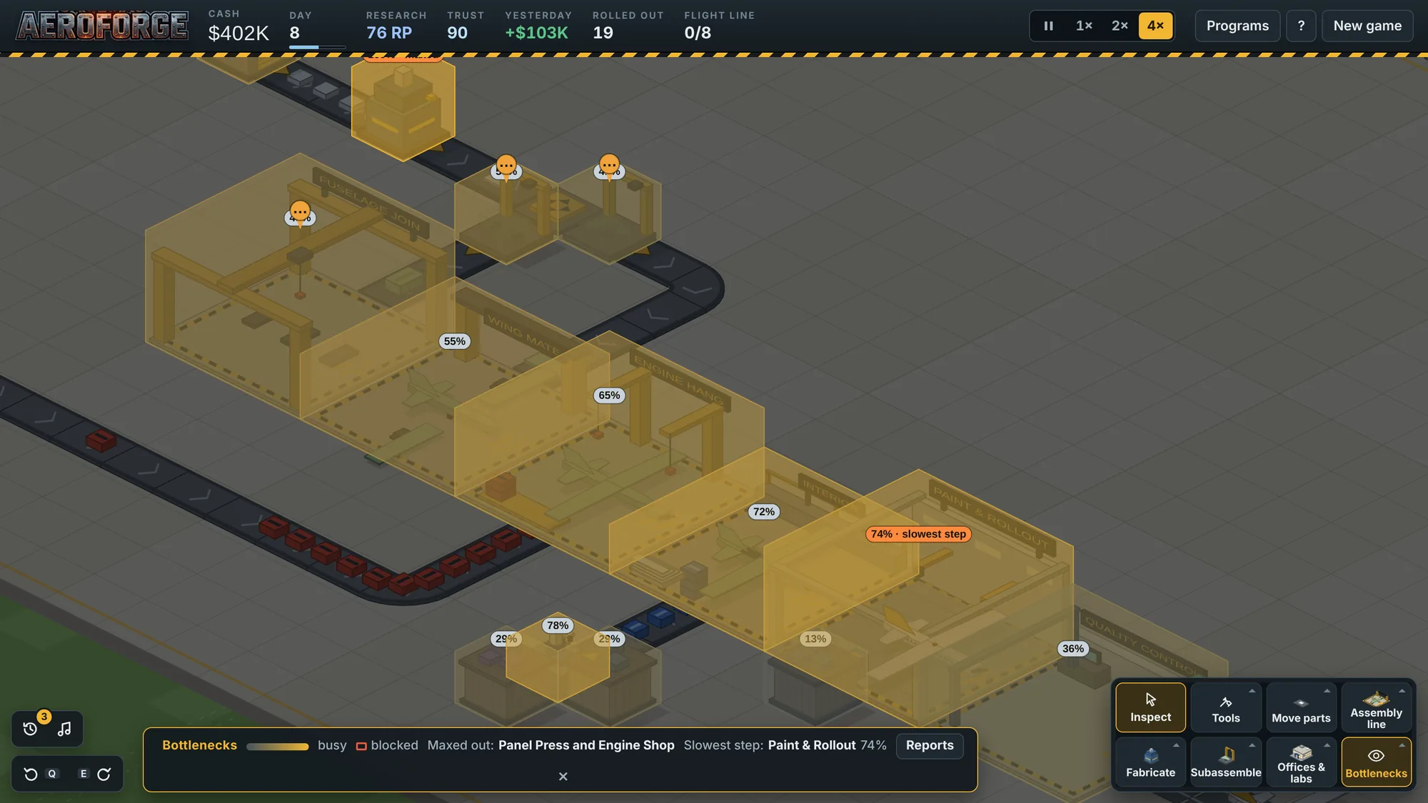 The Bottlenecks overlay: each station tinted amber by how busy it is, with Paint and Rollout tagged as the slowest step at 74 percent.