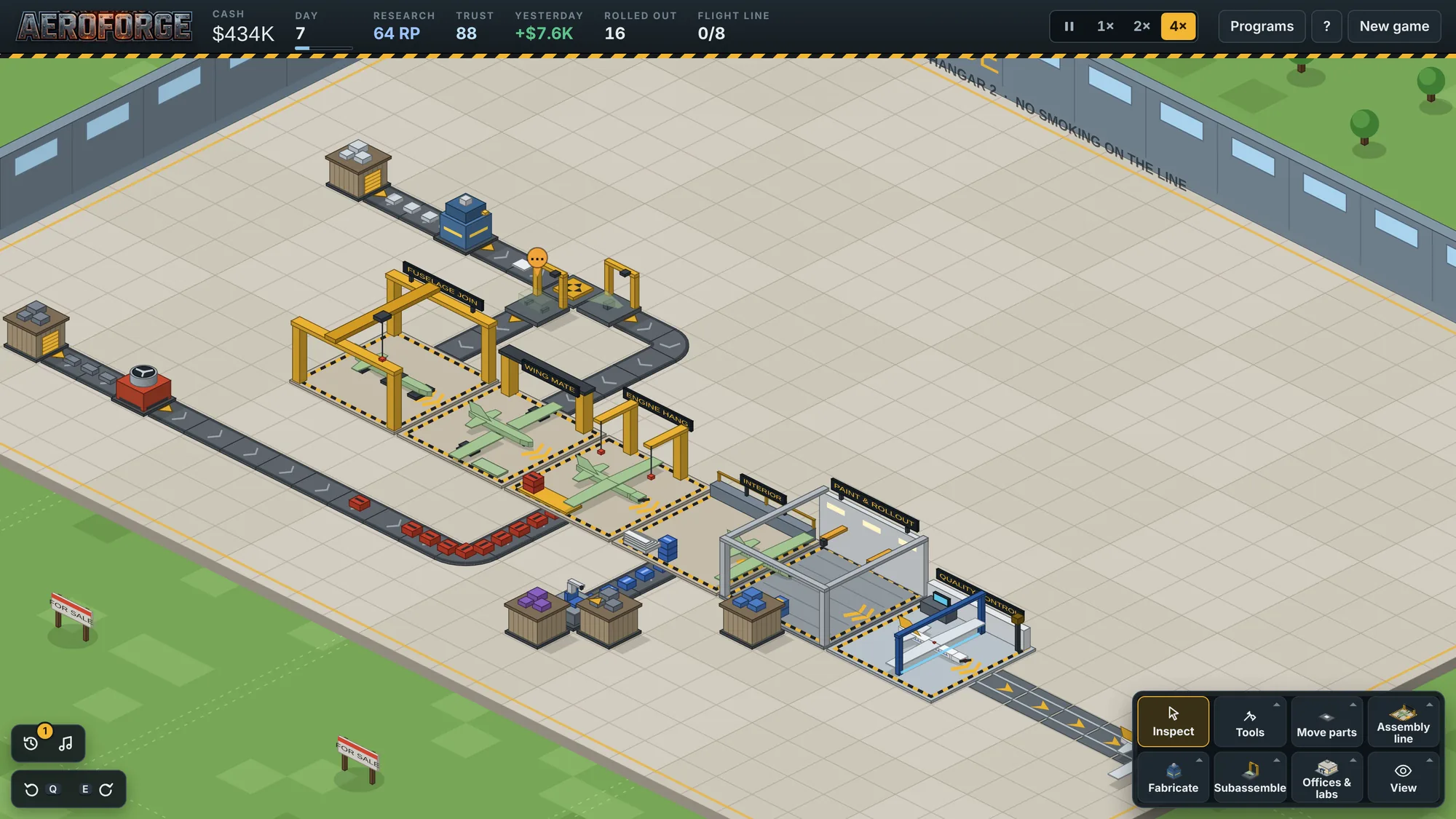 AeroForge in play: an isometric hangar floor with supply docks, conveyors carrying parts, yellow gantry stations building pale-green airframes, and the HUD showing cash, day, research and trust.