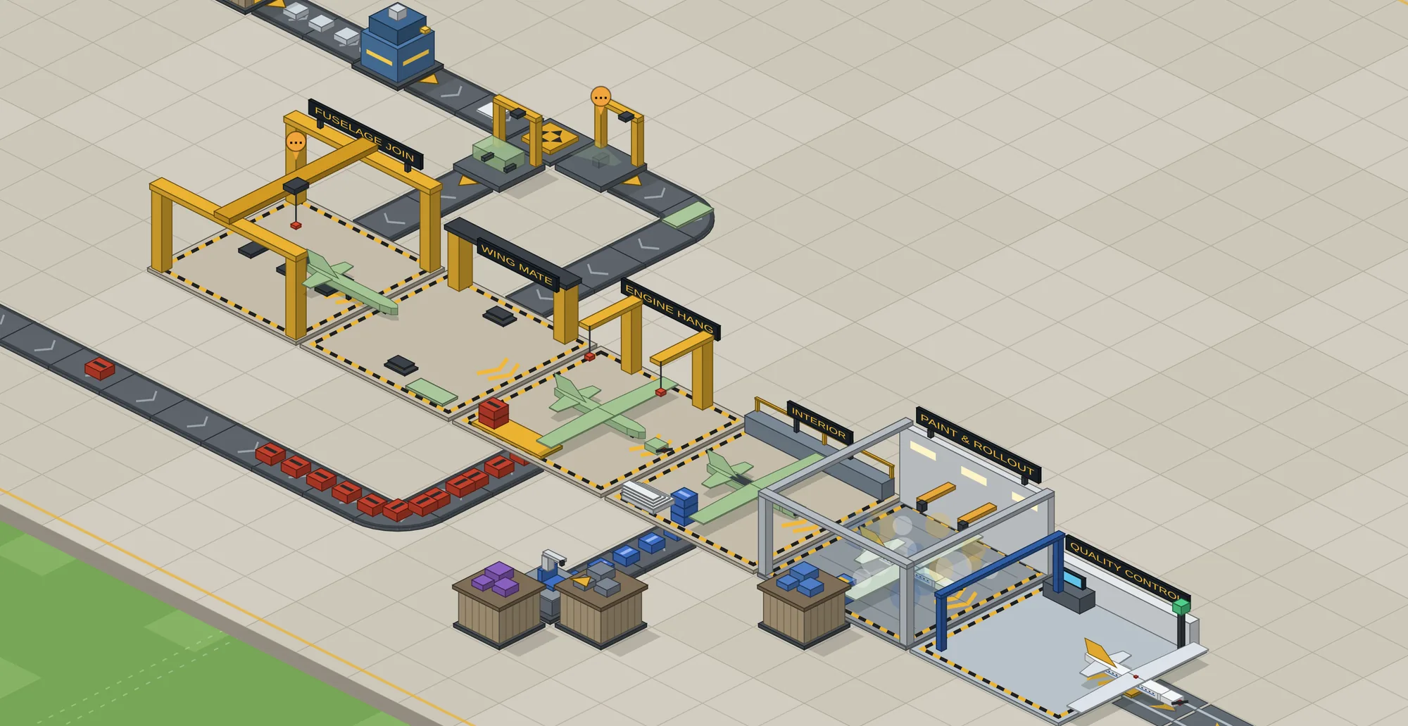 Close-up of the starter assembly line: airframes at Fuselage Join, Wing Mate and Engine Hang, with red engines queued on a conveyor and a finished Kestrel leaving Quality Control.