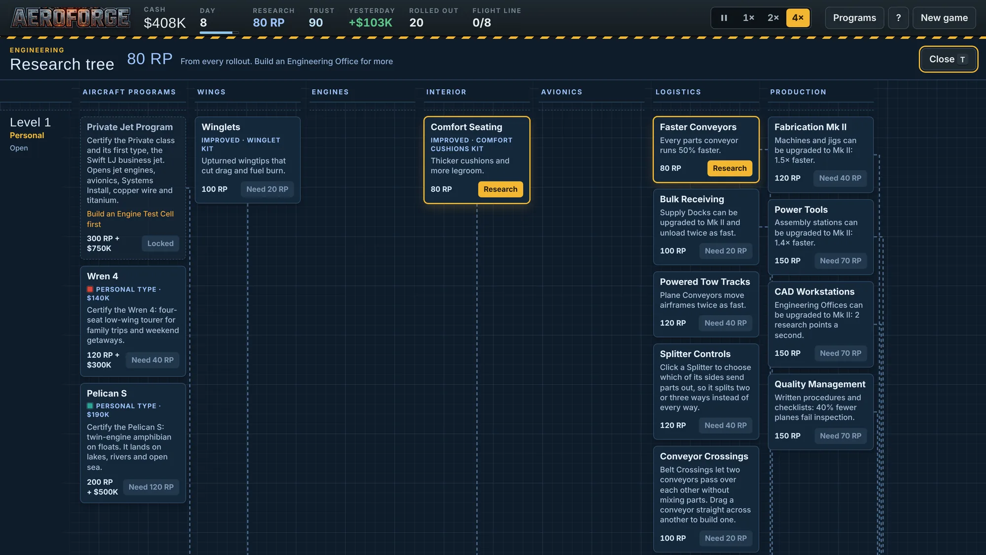 The research tree: lanes for aircraft programs, wings, engines, interior, avionics, logistics and production, with node cards showing research point costs.